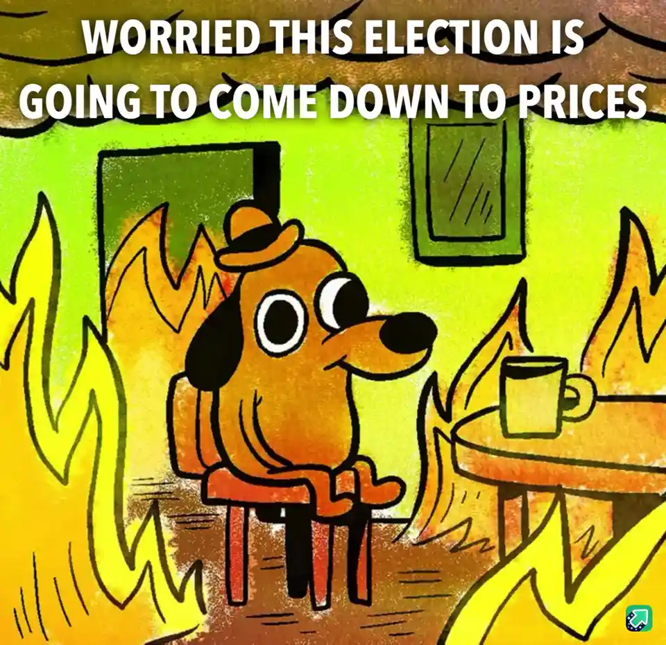 A cartoon dog wearing a hat sits calmly in a room surrounded by large, stylized flames, with a mug on a table nearby. The…