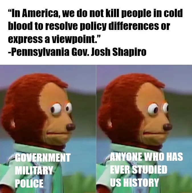 The image displays two side-by-side panels of a puppet monkey with a skeptical expression. The left panel has text reading…