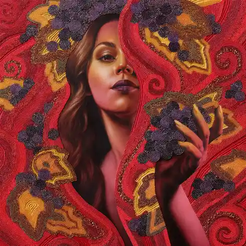 A highly detailed, beaded artwork depicts a woman with long brown hair and purple lipstick, holding a cluster of purple…