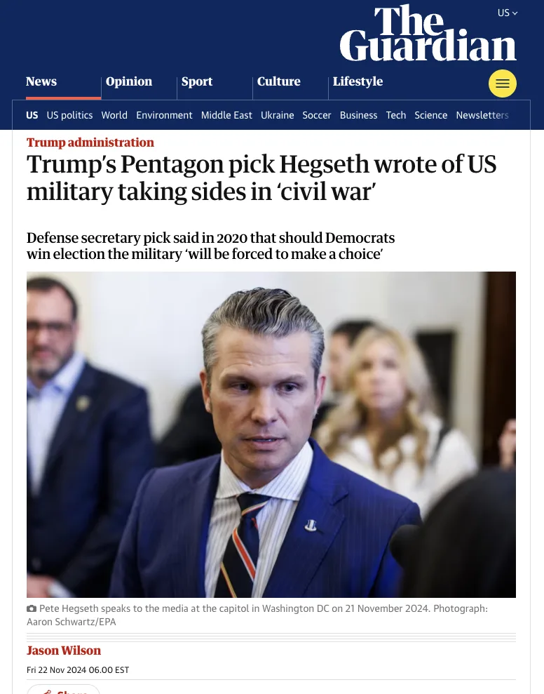 A screenshot of a The Guardian news article about Pete Hegseth, showing him in a suit speaking at a press event. The…