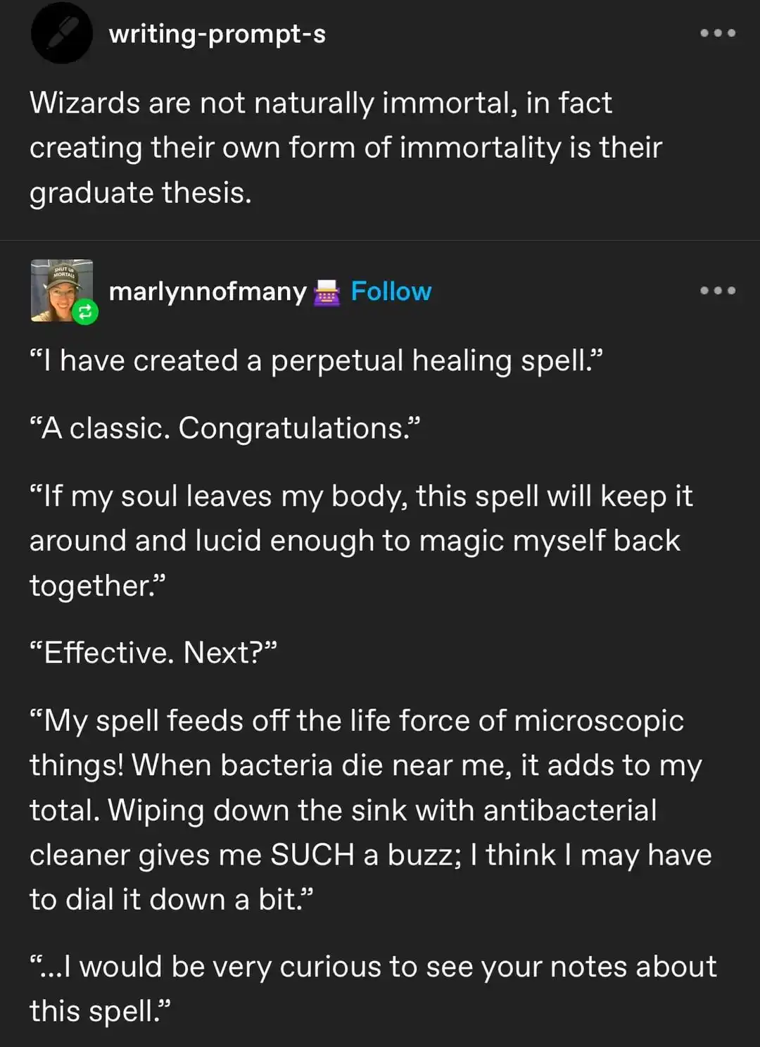 A screenshot of a social media comment thread where a user responds to a writing prompt about wizards' immortality by…