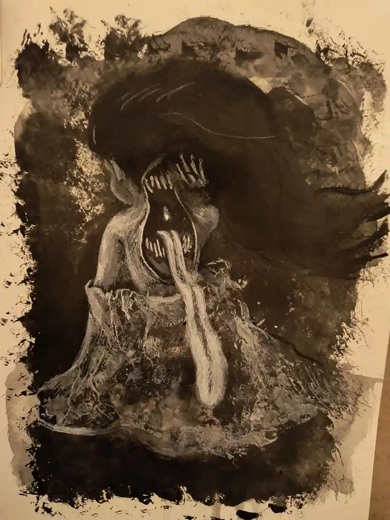A sepia-toned, abstract ink drawing depicts a monstrous, screaming face with sharp teeth and claw-like hands, rendered in…