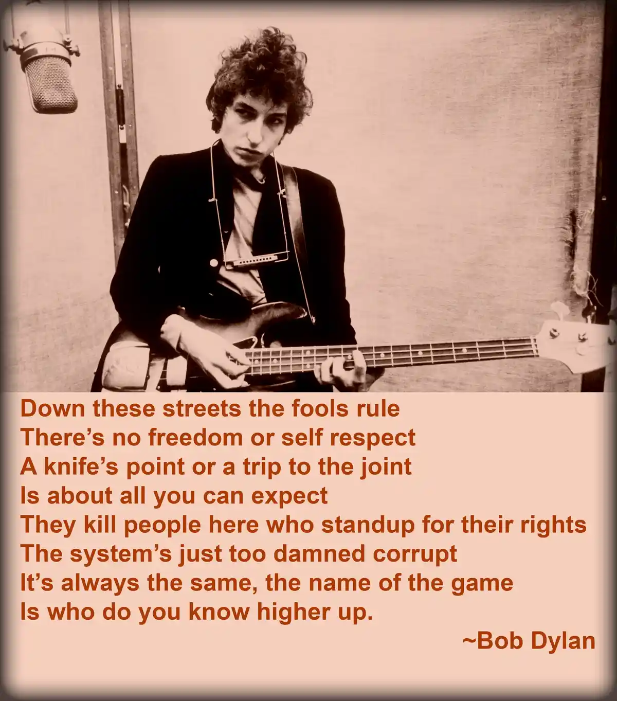 A sepia-toned photo of Bob Dylan holding a bass guitar, with a vintage microphone visible in the background. Overlaid text…