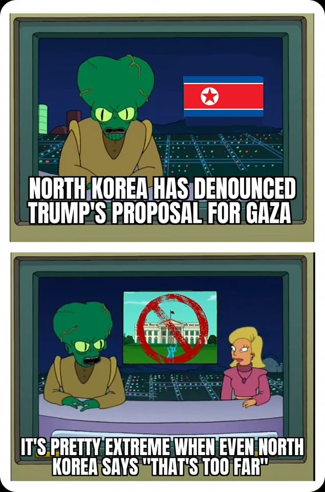 Two-panel meme featuring characters from Futurama. Top panel shows a green alien news anchor with North Korea's flag, text…