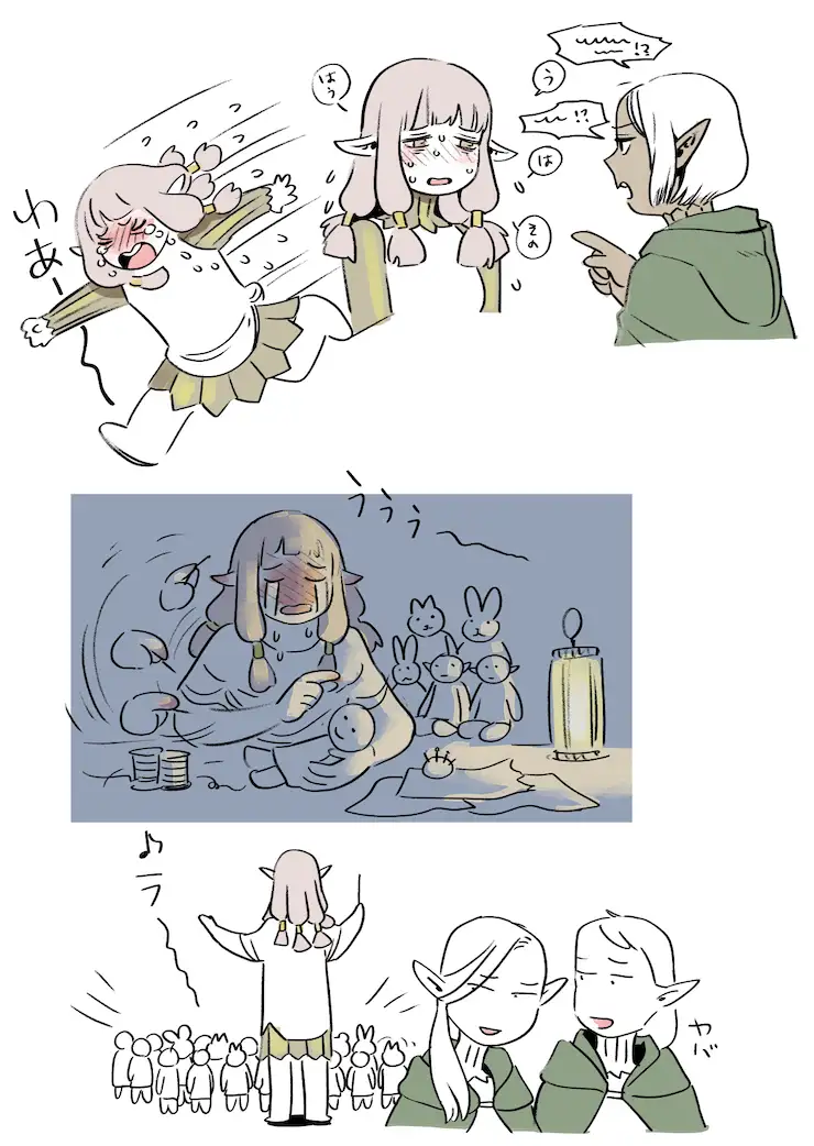 A three-panel anime-style comic depicts a chaotic scene: a pink-haired elf girl is violently flung across the room while…