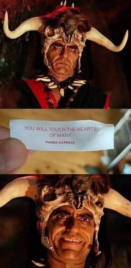 The image is a three-panel meme. The top and bottom panels show a man with a demonic-looking horned headdress and skull…