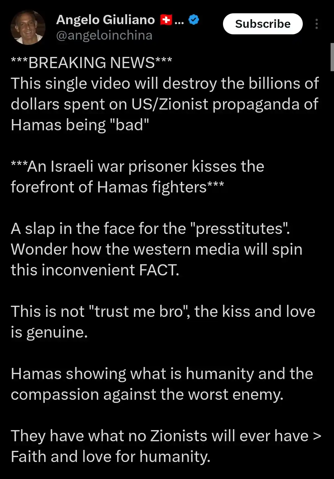 A screenshot of a YouTube video description by Angelo Giuliano, which presents a fabricated 'breaking news' story claiming…