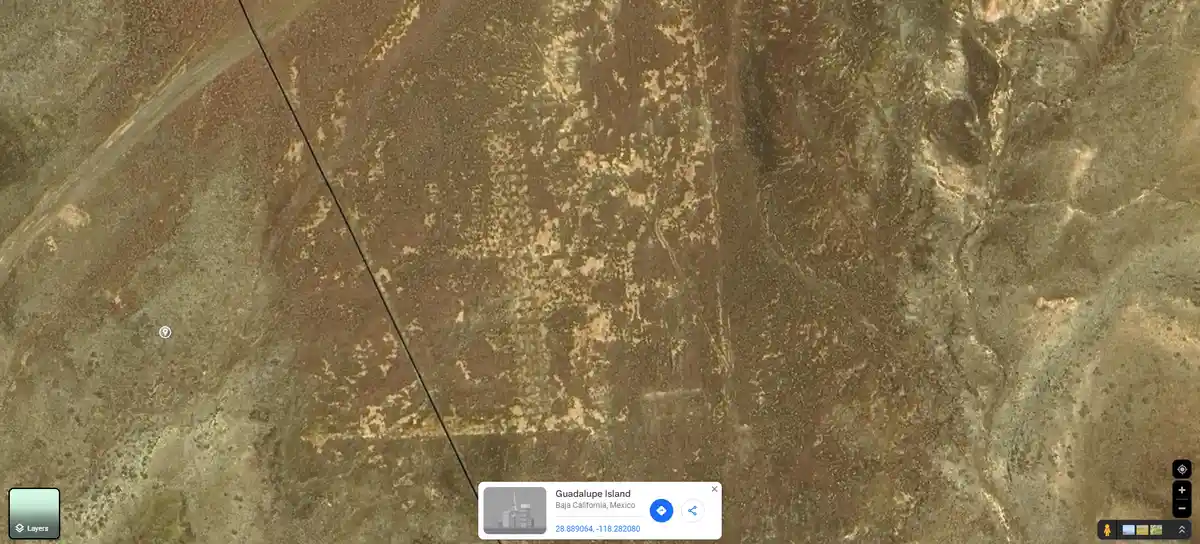 A satellite view of a barren, rocky desert landscape with a thin black line cutting across it. A Google Maps info box at the…
