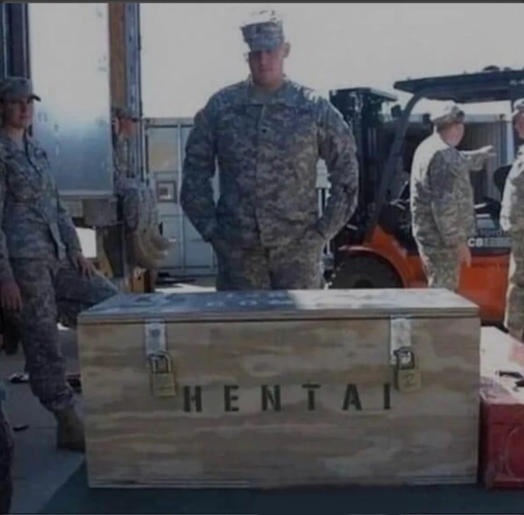 A large wooden crate with two padlocks is prominently displayed in front of a group of soldiers in military uniforms. The…