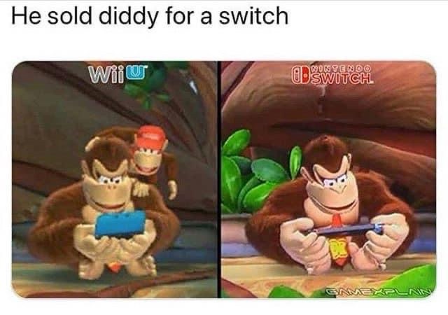 The image is split into two panels showing the character Donkey Kong holding a blue handheld console. The left panel has a…