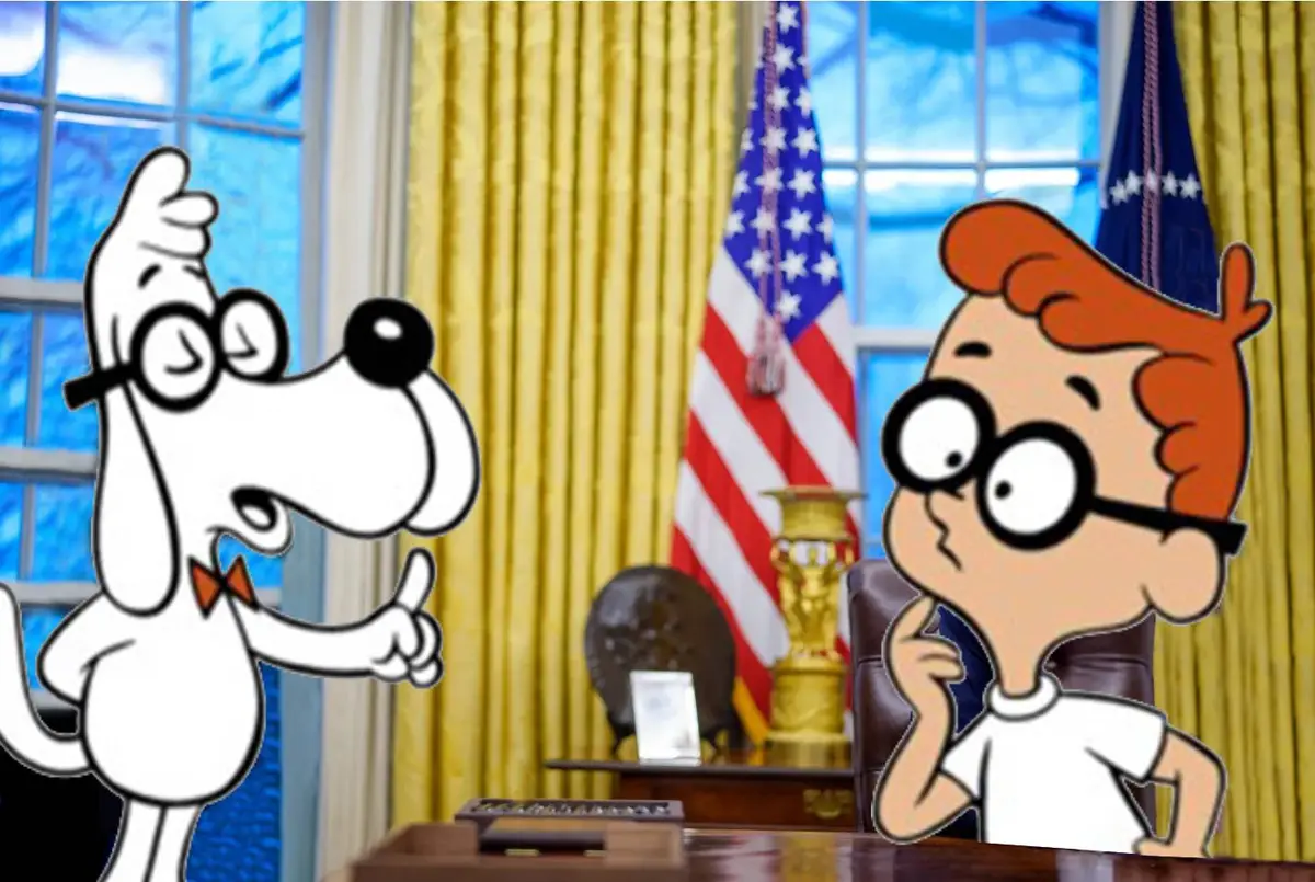 The image shows two cartoon characters, a white dog with glasses and a bowtie on the left, and a boy with red hair and…