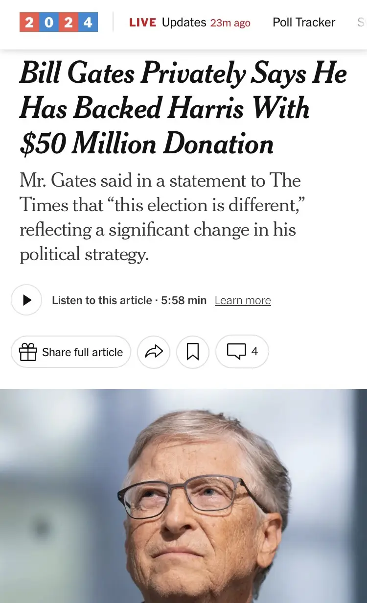 A screenshot of a news article from 2024 shows a headline about Bill Gates privately backing Kamala Harris with a $50…