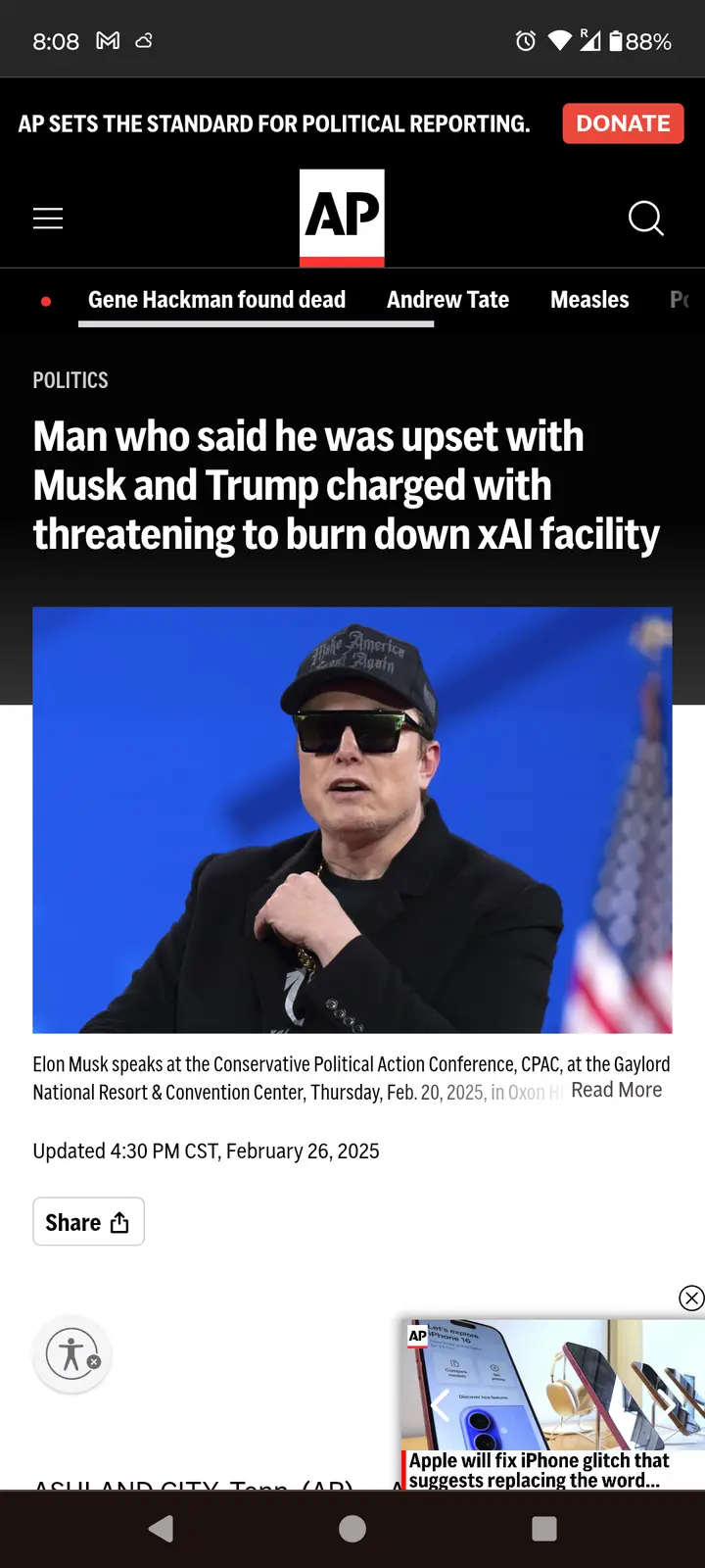 An AP News article screenshot shows a headline about a man charged for threatening to burn down an xAI facility, with a…