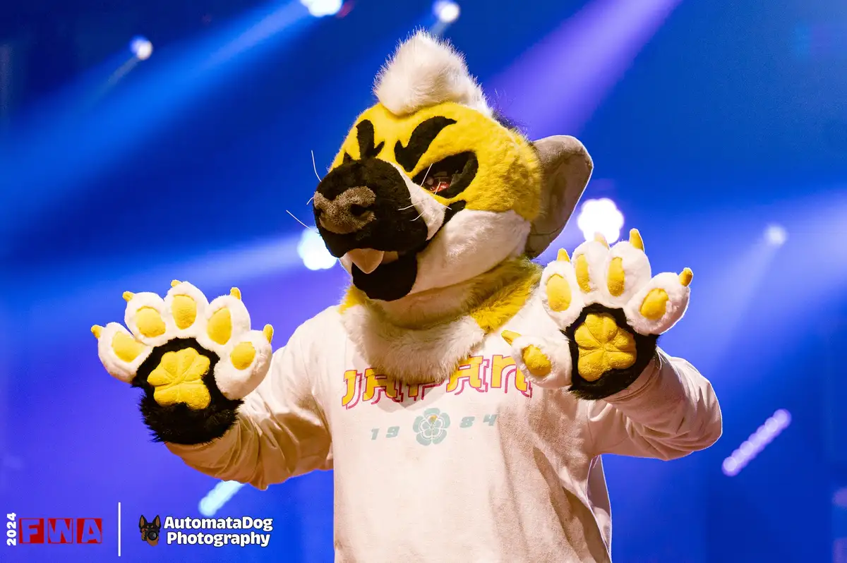 A person in a yellow and white fursuit resembling a stylized fox or cat with black markings, wearing a white t-shirt that…