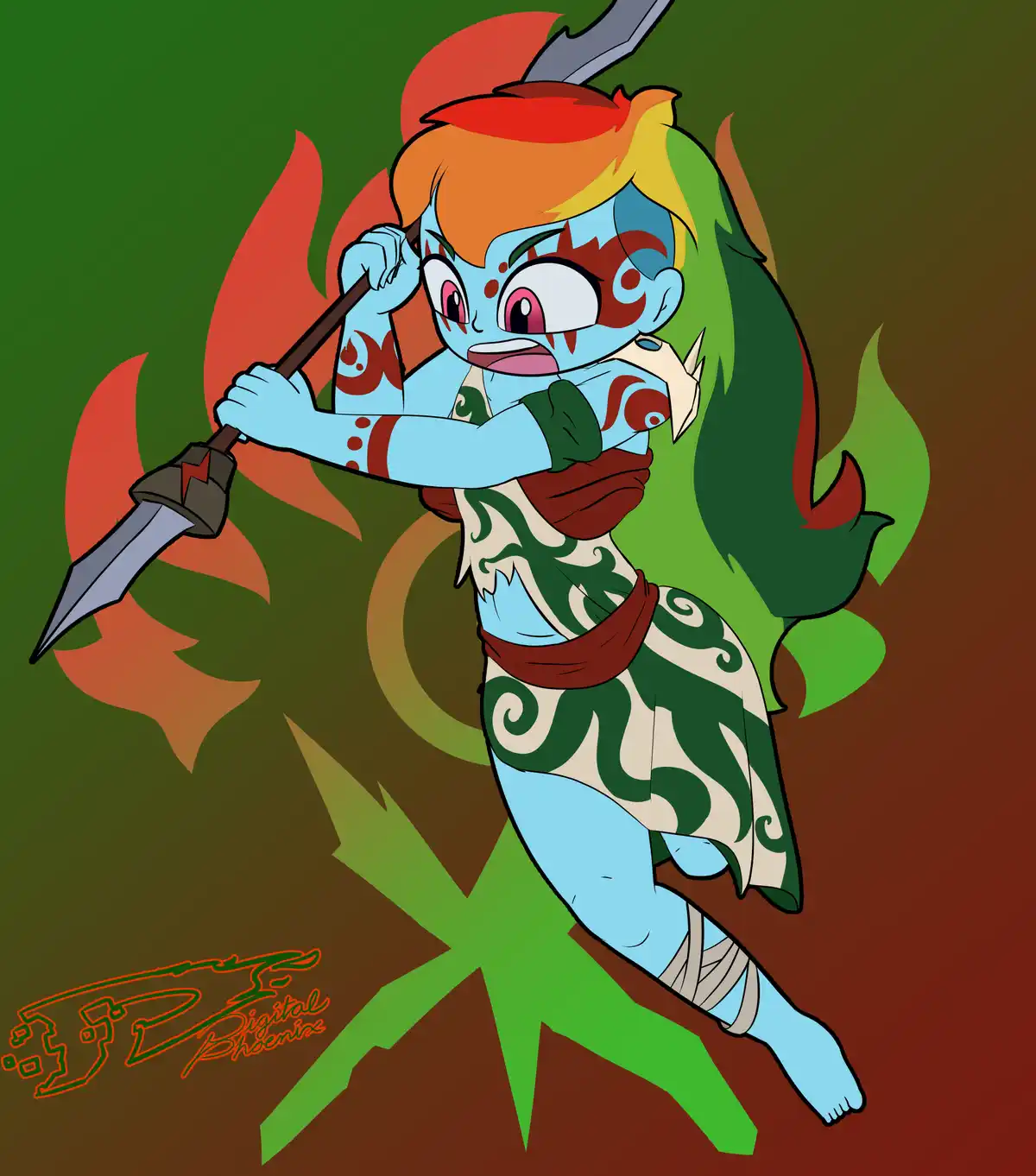 A stylized cartoon warrior with blue skin, rainbow hair, and tribal tattoos holds a spear in a dynamic pose against a green…