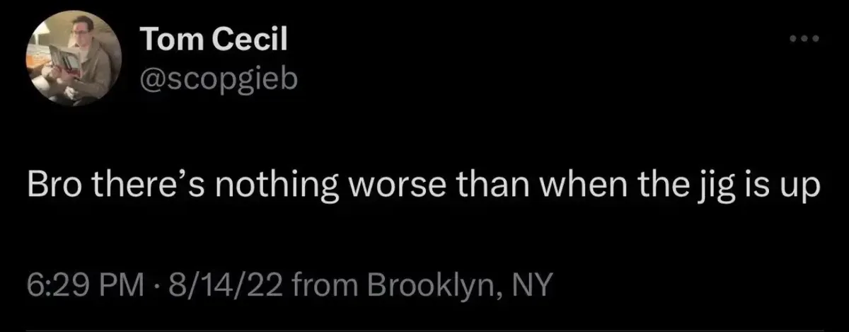 A screenshot of a tweet by Tom Cecil (@scopgieb) from 6:29 PM on August 14, 2022, from Brooklyn, NY. The tweet reads 'Bro…