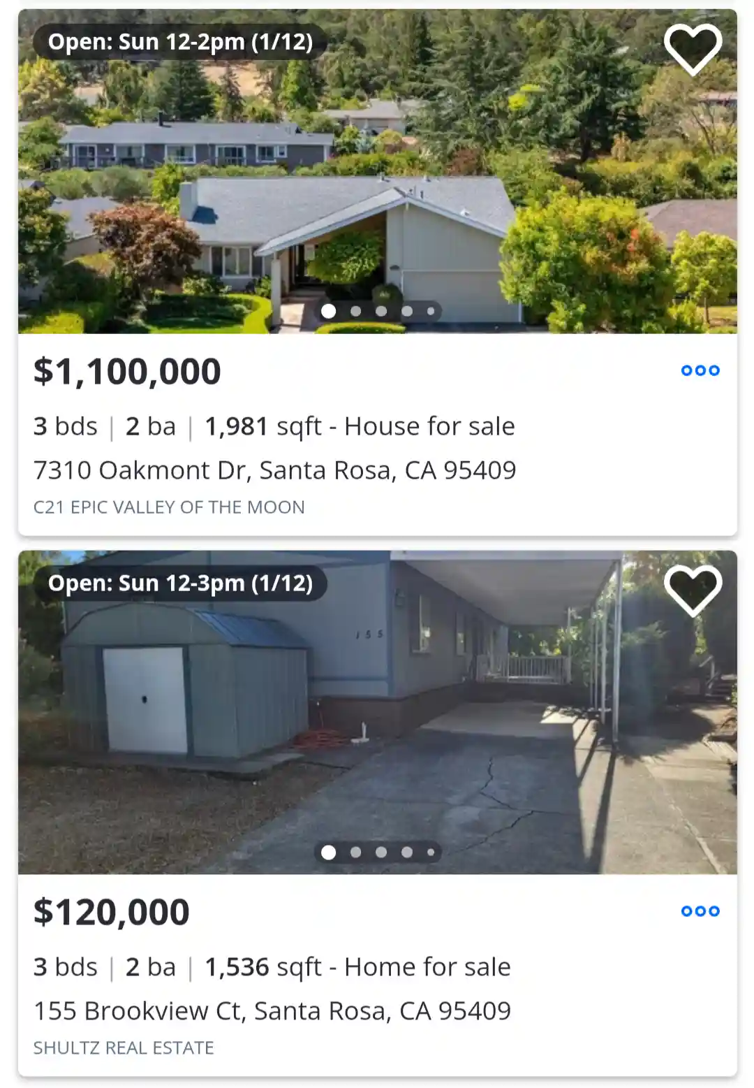 The image displays two real estate listings side-by-side. The top listing shows a well-maintained, single-story house priced…