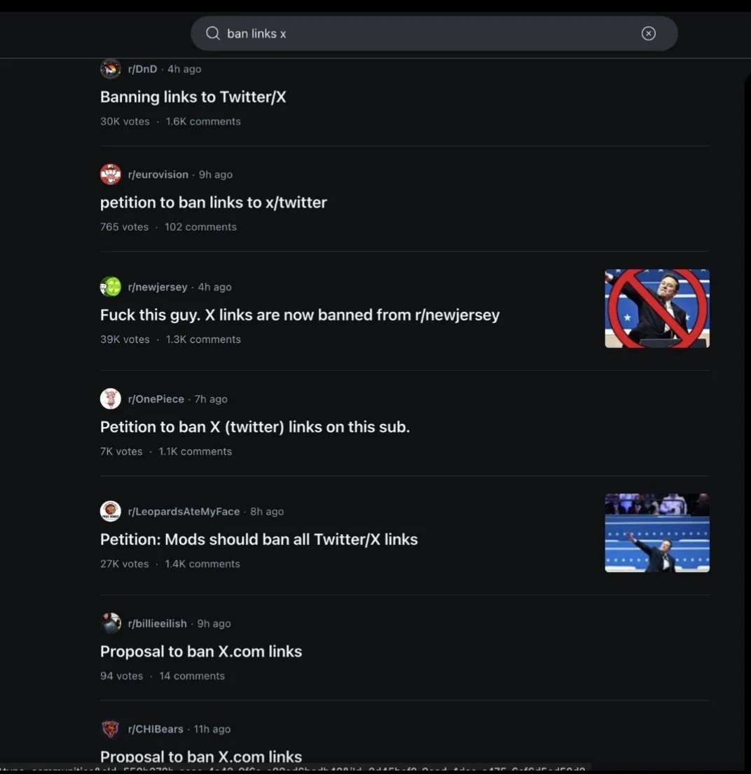 A screenshot of a Reddit search for 'ban links x' shows multiple posts from various subreddits, each proposing or…