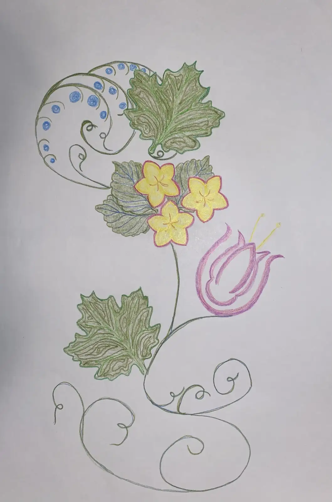 A hand-drawn illustration on white paper features a stylized plant with green leaves, three yellow star-shaped flowers, and…