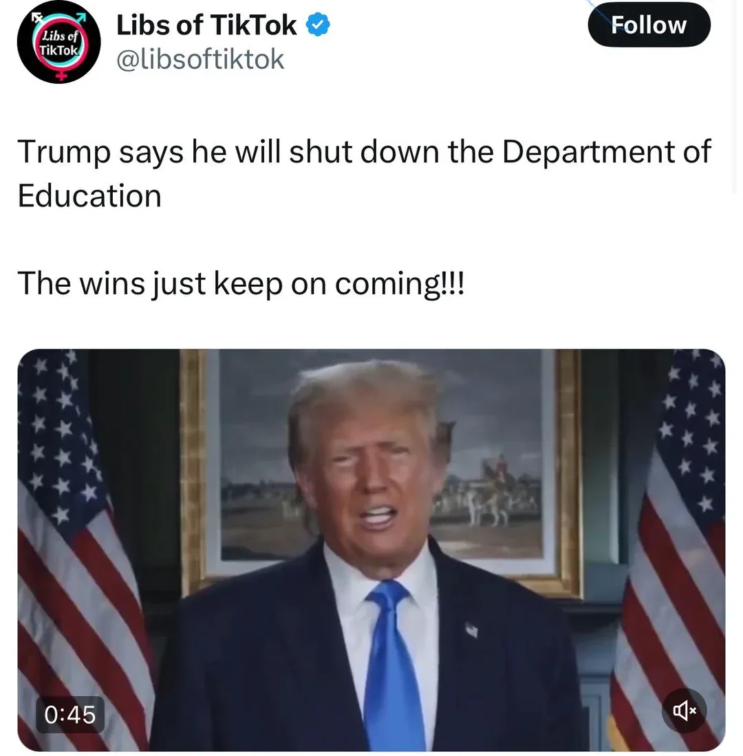 A screenshot of a tweet from 'Libs of TikTok' featuring a video clip of Donald Trump speaking in front of two American…