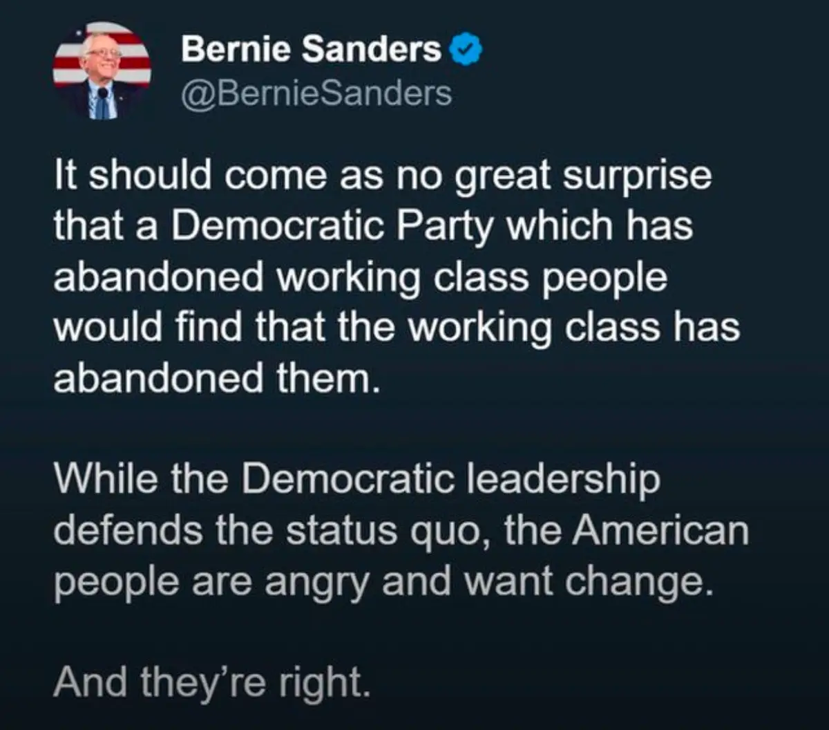 A screenshot of a tweet from Bernie Sanders' verified Twitter account showing his text about the Democratic Party abandoning…