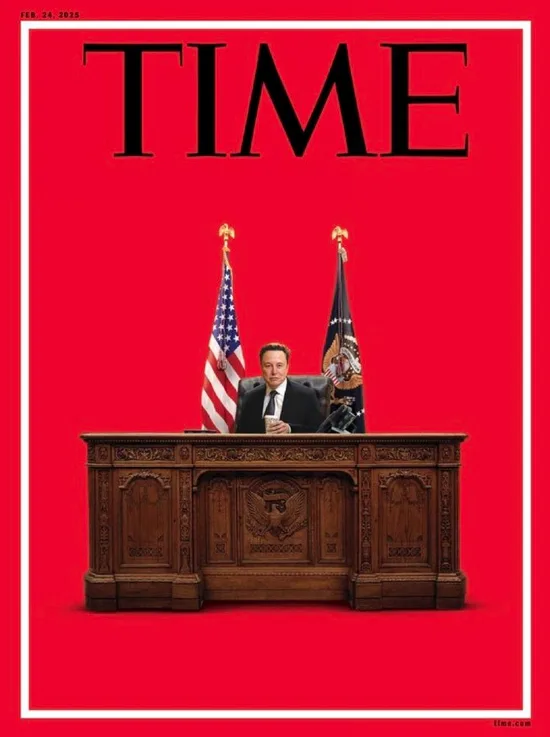 A digitally altered image mimicking a TIME magazine cover from February 24, 2025, features Elton John seated at a…