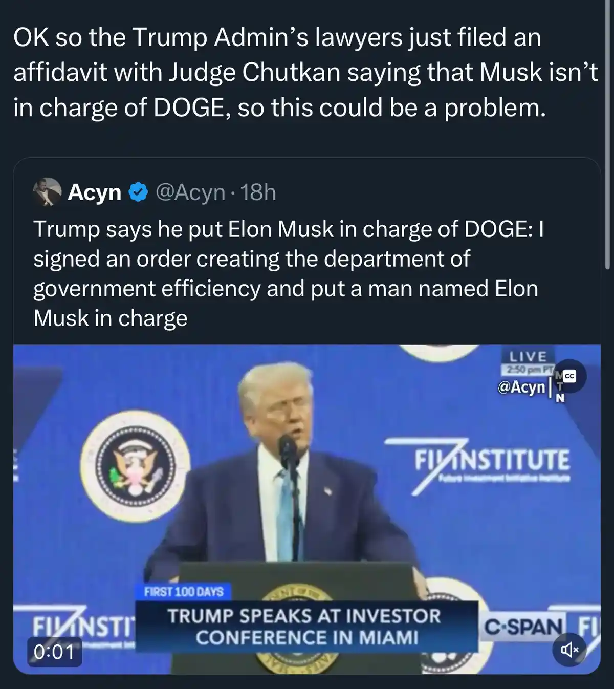 The image shows a screenshot of a tweet from Acyn, which includes a video clip of Donald Trump speaking at an investor…