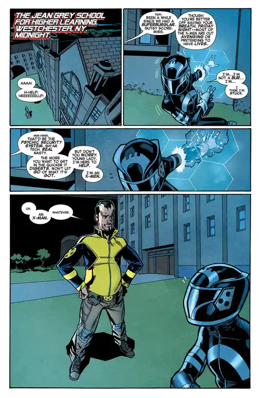 A comic panel shows a robotic figure trapped in a psychic security field outside The Jean Grey School for Higher Learning…