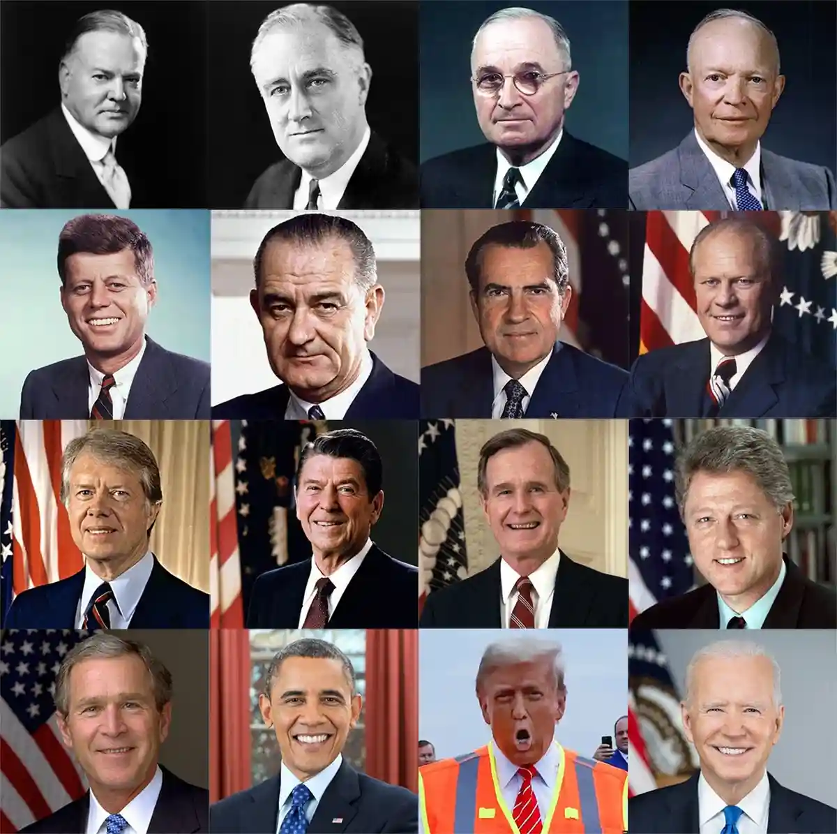 A grid of official portraits of U.S. presidents from Herbert Hoover to Joe Biden, with the bottom-center image of Donald…
