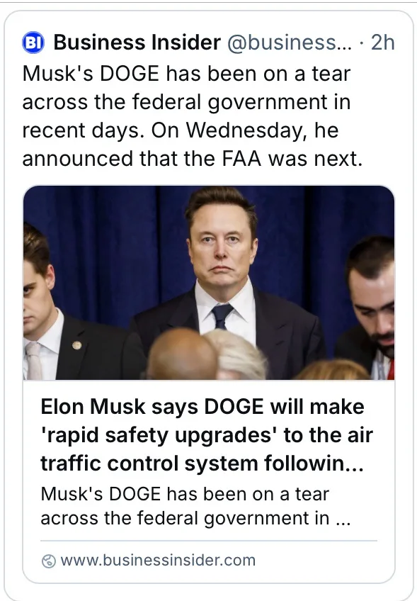 A screenshot of a Business Insider tweet shows a photo of Elon Musk looking serious at a press event. The tweet claims…
