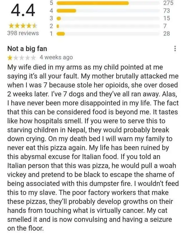 A screenshot of a 4.4-star product review with 398 reviews, showing a 1-star review titled 'Not a big fan' from 4 weeks ago…