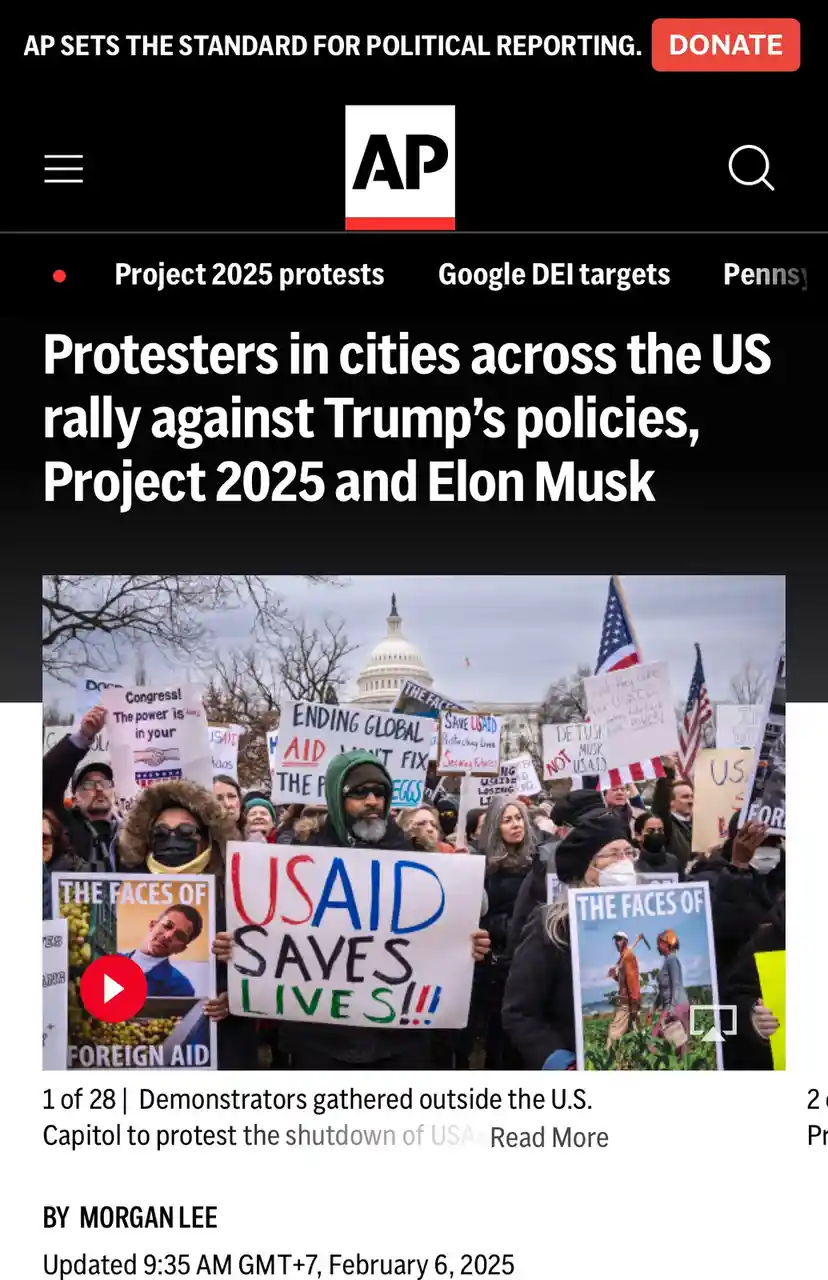 A screenshot of an Associated Press news article shows a protest outside the U.S. Capitol with demonstrators holding signs…