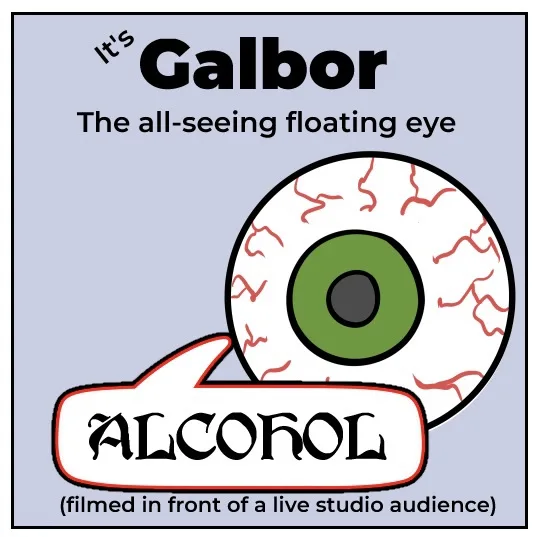 A cartoon illustration of a floating eyeball with red veins and a green iris, positioned above a speech bubble that reads…