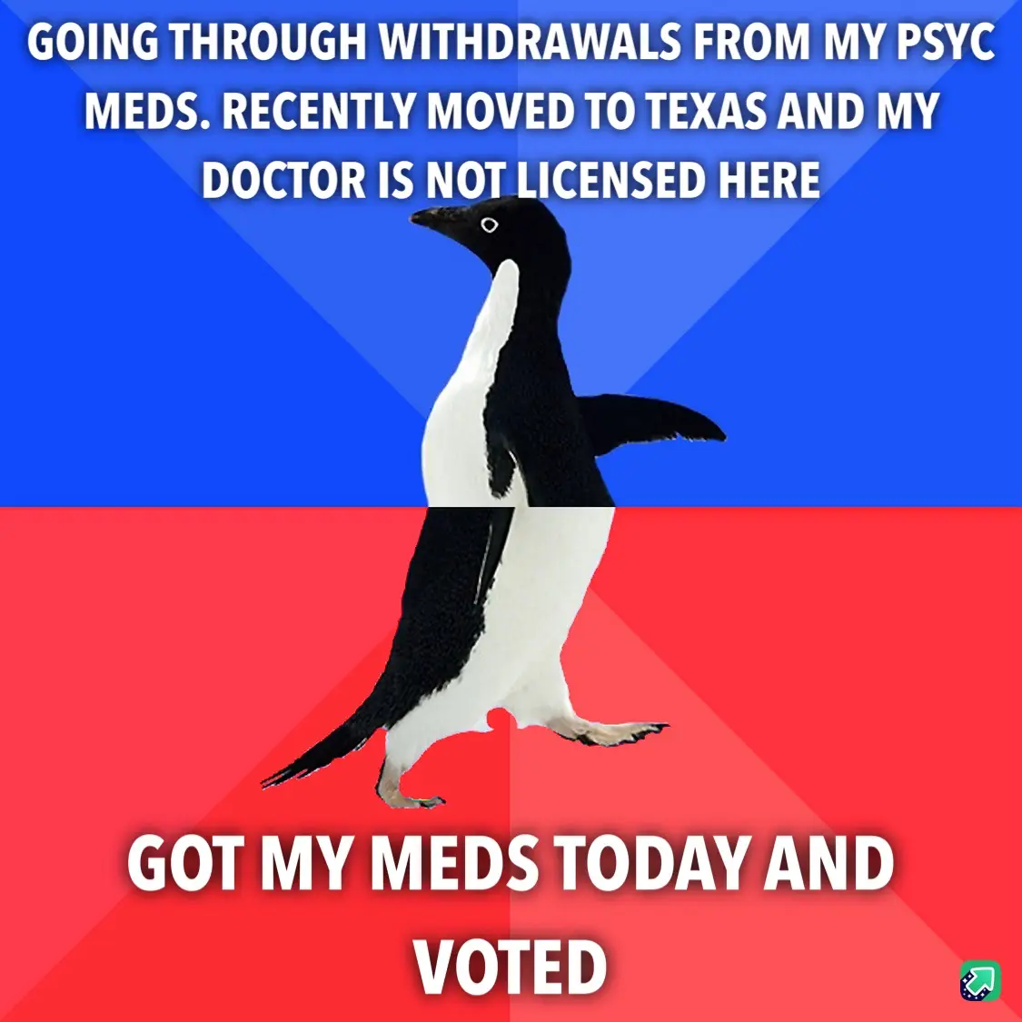 A penguin stands centered against a split blue and red background. White text at the top reads 'GOING THROUGH WITHDRAWALS…