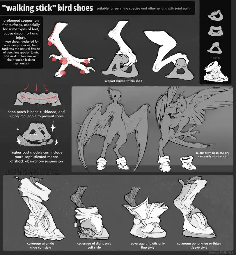A detailed concept art sheet for 'walking stick' bird shoes, presented as a product manual. It features anatomical diagrams…