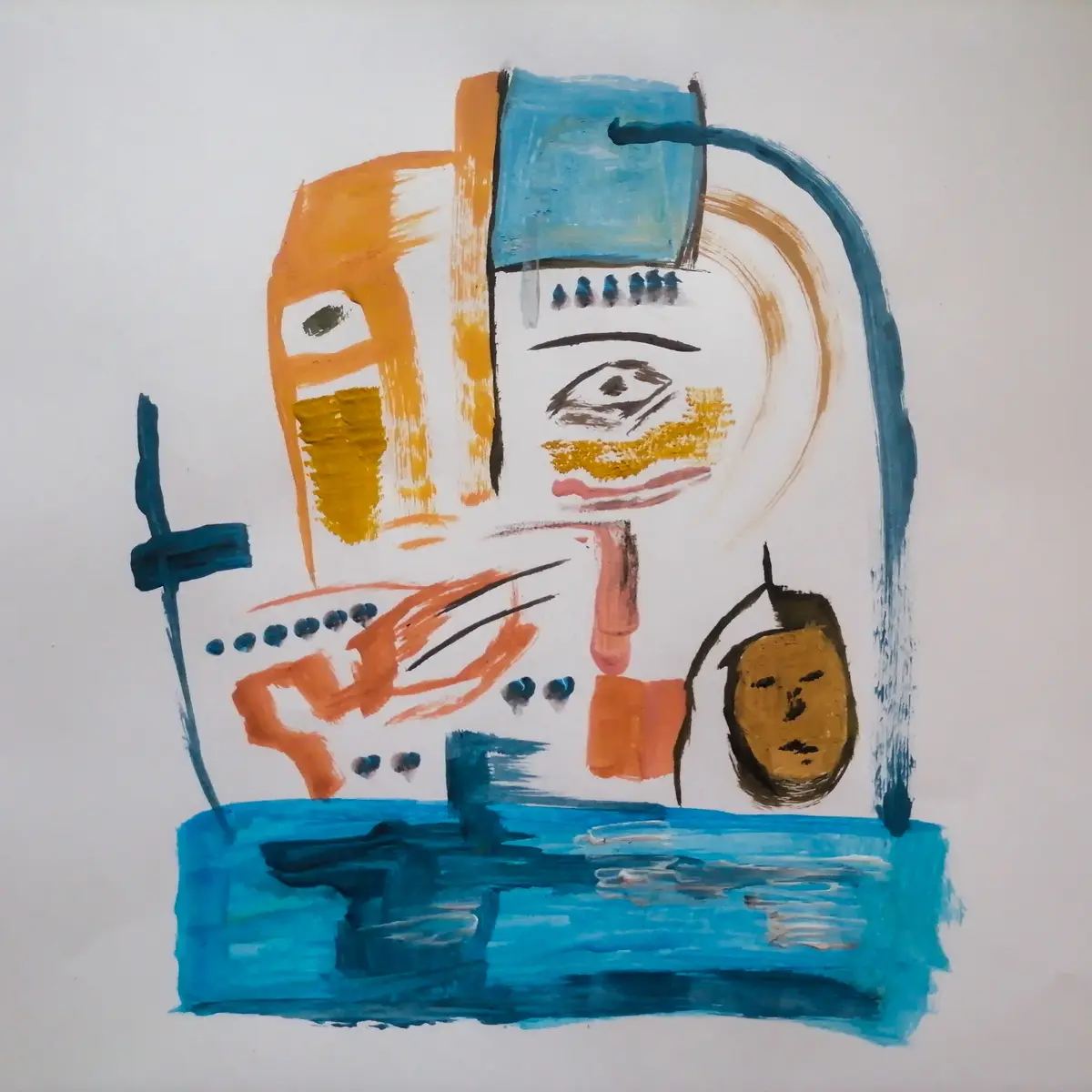 An abstract painting depicts a stylized human face with orange, blue, and brown brushstrokes, featuring one eye, a nose, and…