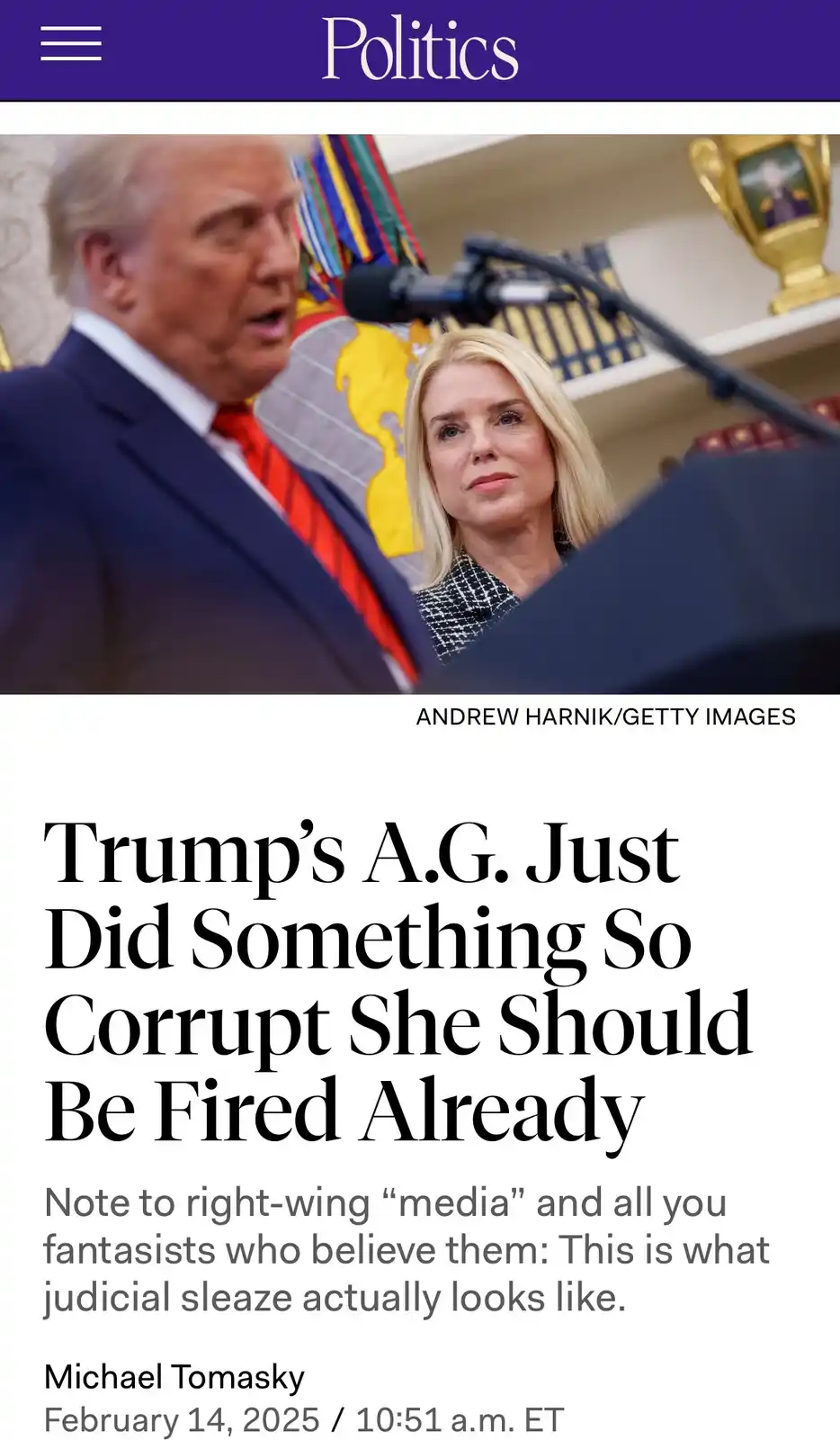 The image shows a news article screenshot with Donald Trump speaking at a podium while his Attorney General, a blonde woman…