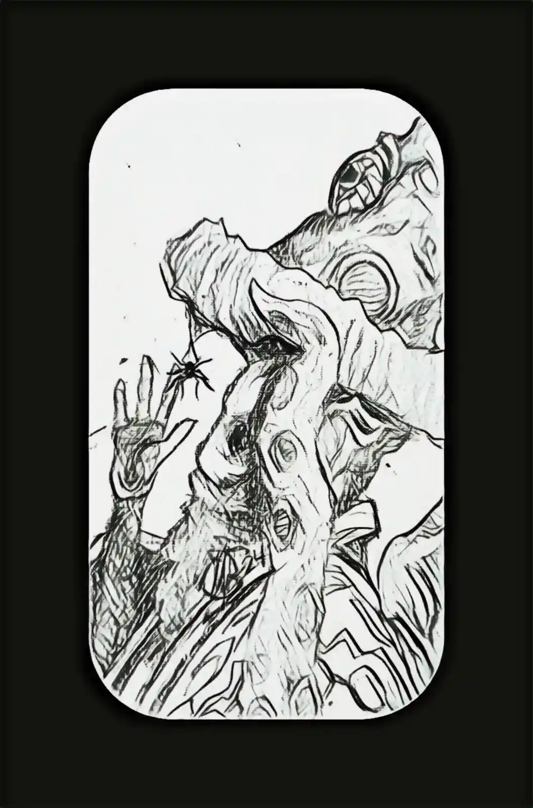 A black-and-white sketch depicts a grotesque, multi-eyed, monstrous figure with a terrified expression, raising one hand in…