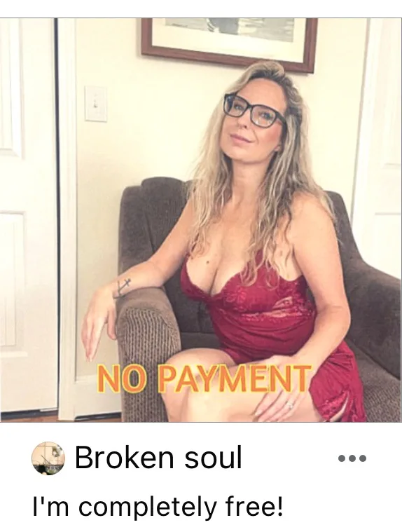 A woman with glasses and blonde hair sits on a couch wearing a red dress, looking upward with a smug expression. The text…