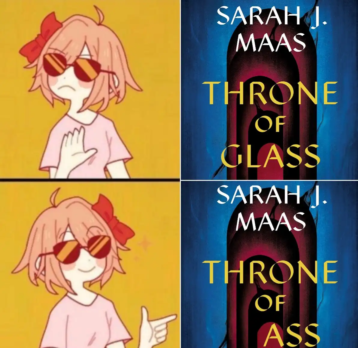 The image is a two-panel meme featuring an anime-style girl with pink hair, a red bow, and sunglasses. In the top panel, she…