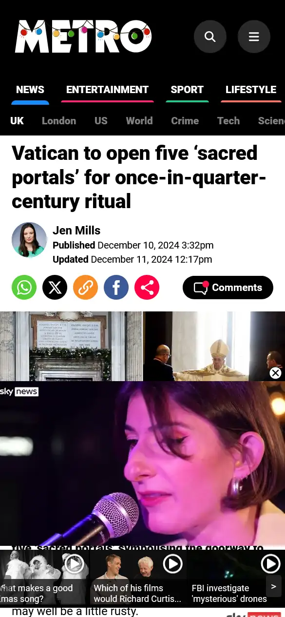 A screenshot of a Metro news article about the Vatican opening portals for a ritual, overlaid with a photo of a woman…