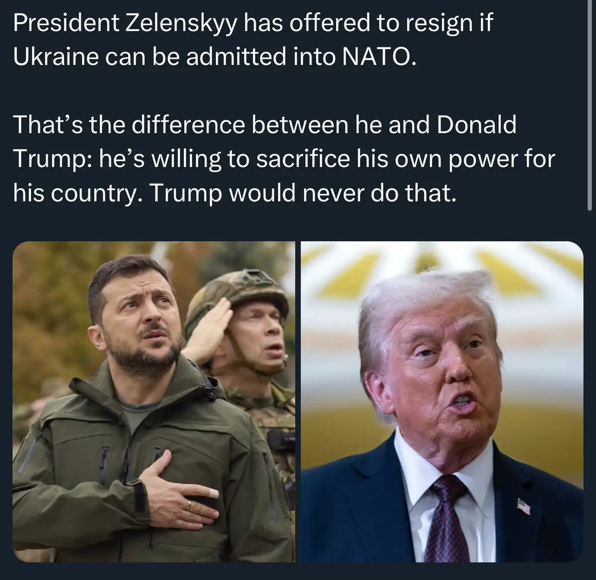 The image displays two side-by-side photos: on the left, Ukrainian President Volodymyr Zelenskyy with his hand over his…