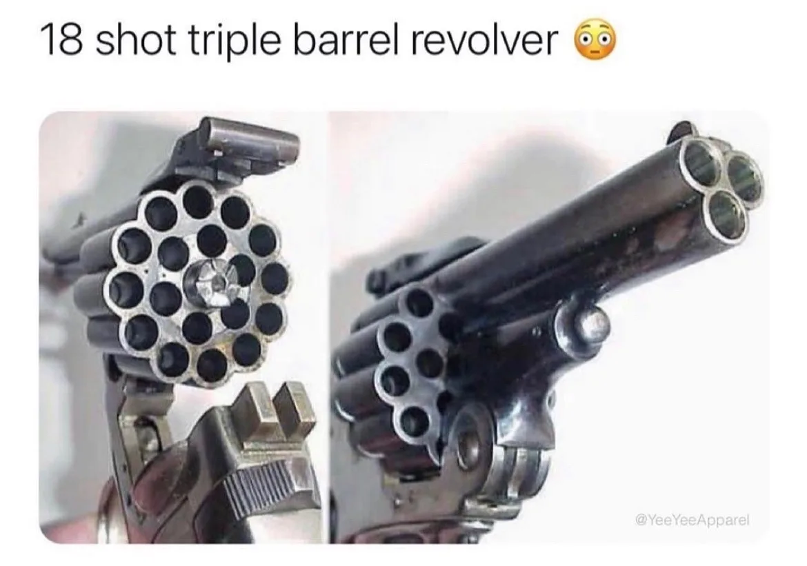 The image displays a revolver with its cylinder open, revealing 18 chambers arranged in a circular pattern. The second view…