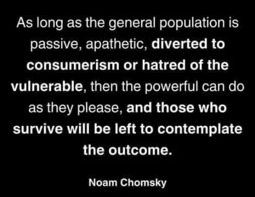 A black background with white text displaying a quote attributed to Noam Chomsky. The quote discusses how societal passivity…