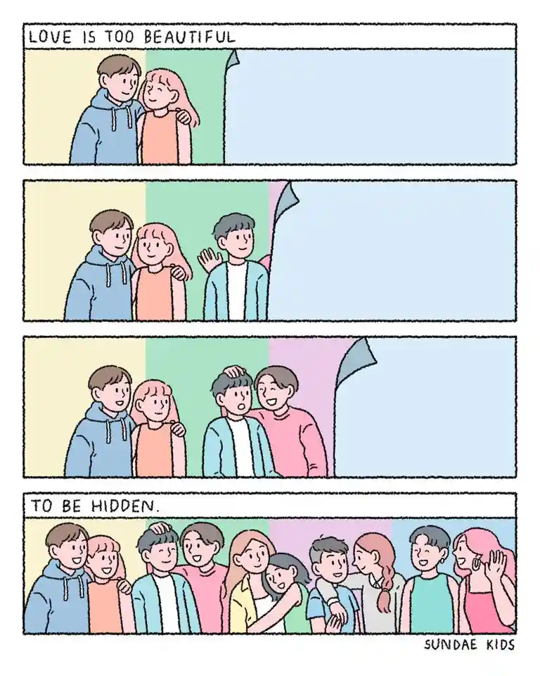 A four-panel comic strip shows a couple embracing, then more people joining them, culminating in a large, happy crowd. The…