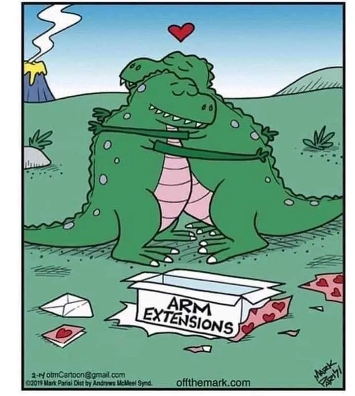 A cartoon green dinosaur with a heart above its head is hugging another dinosaur, with an open box labeled 'ARM EXTENSIONS'…