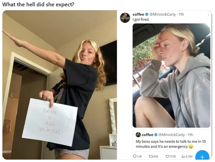 A split image shows a woman in a bedroom holding a sign that reads 'Coffee x 3/24 (yes im real!)', looking exasperated…
