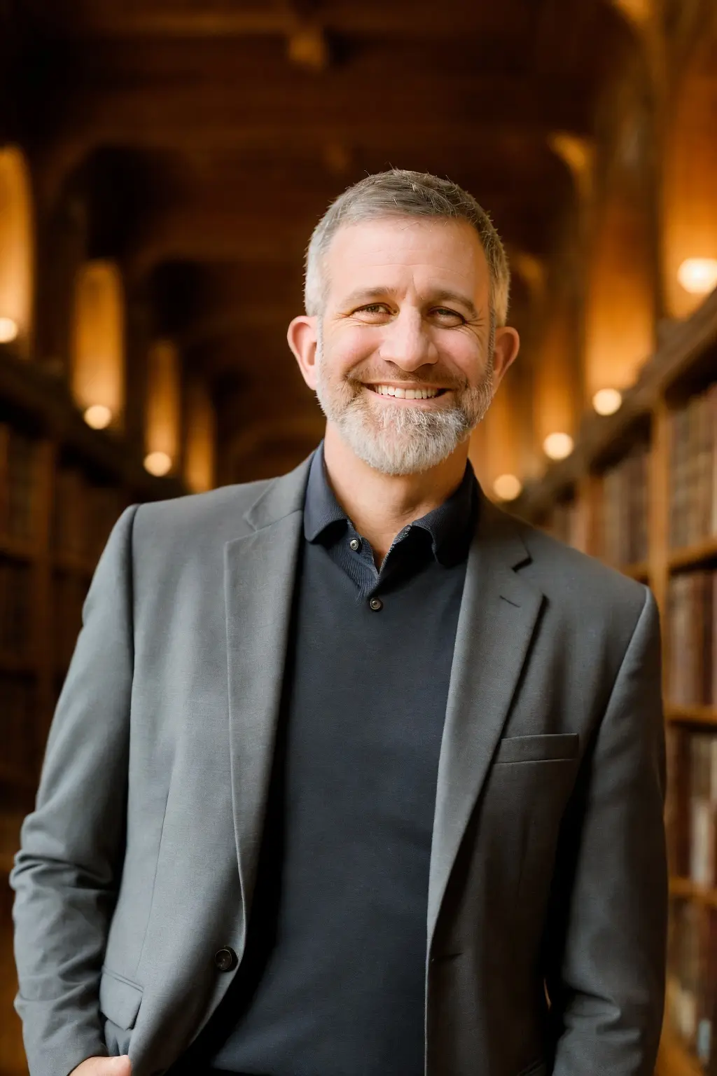A middle-aged man with a gray beard and gray hair smiles warmly while wearing a gray blazer over a dark polo shirt. He…