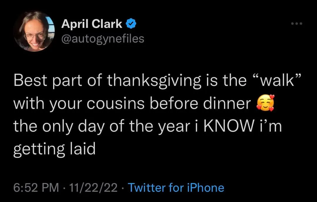 A screenshot of a tweet by April Clark (@autogynefiles) with a black background and white text. The tweet reads: 'Best part…