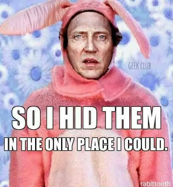 A man wearing a pink, fuzzy bunny costume with long ears looks distressed against a blue, patterned background. The overlaid…